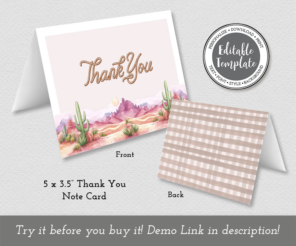 Pink and brown western birthday folded thank you card with desert landscape and plaid back, editable template.