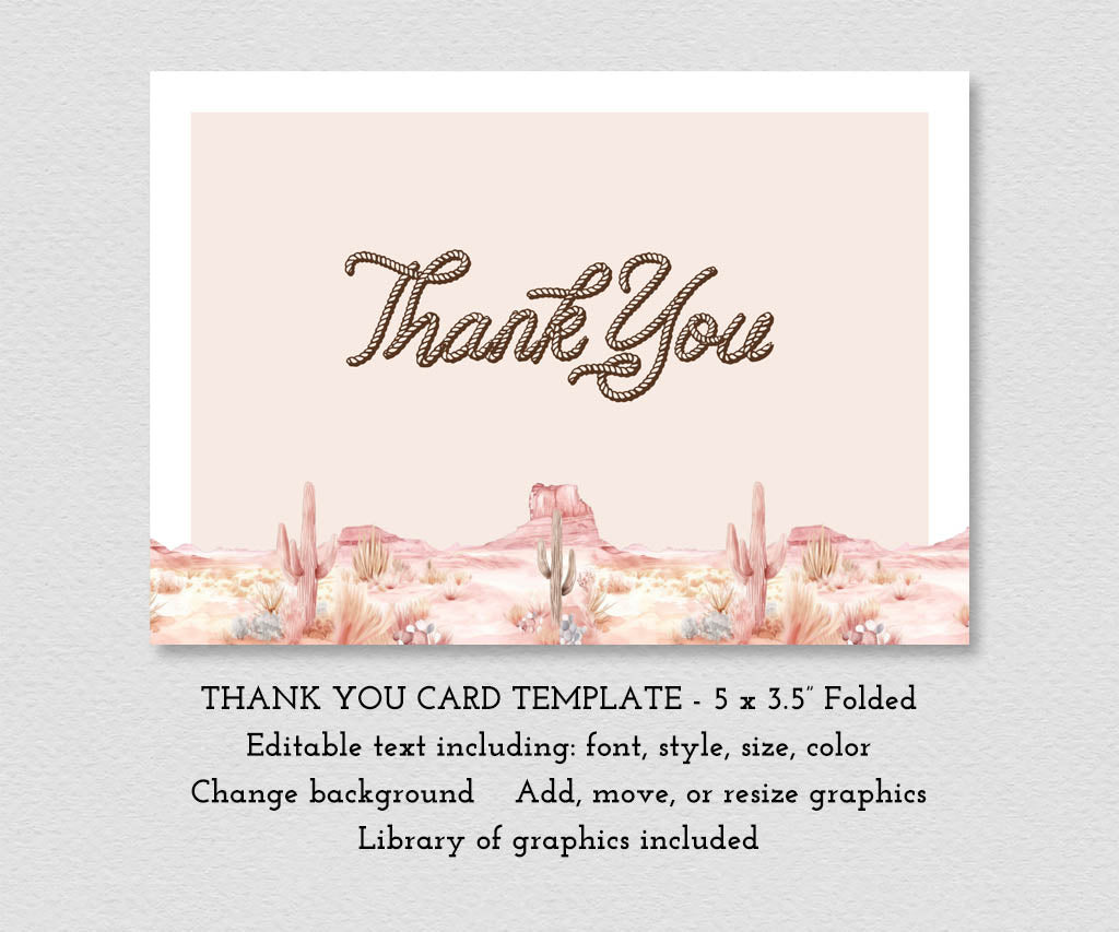 Pink western birthday folded thank you card editable template.