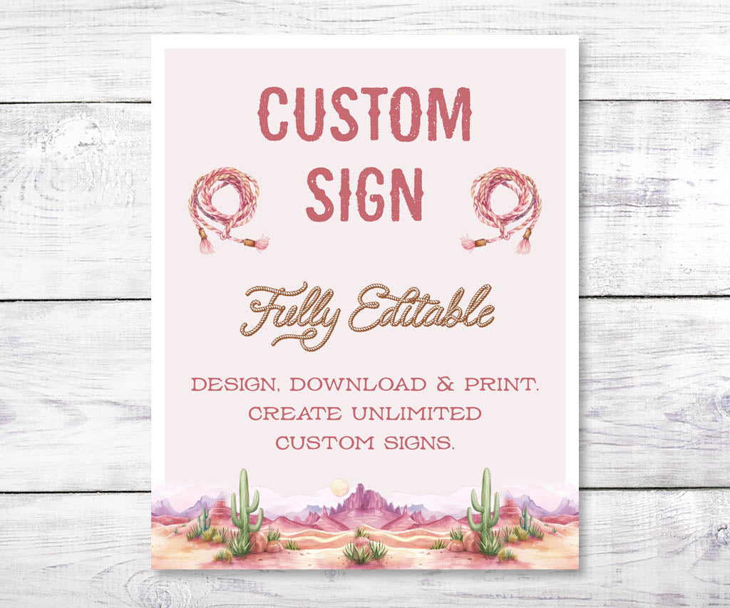 Pink cowgirl western birthday custom sign with desert landscape.