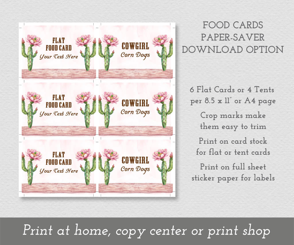 Pink, green, brown cowgirl birthday food labels on a full sheet.