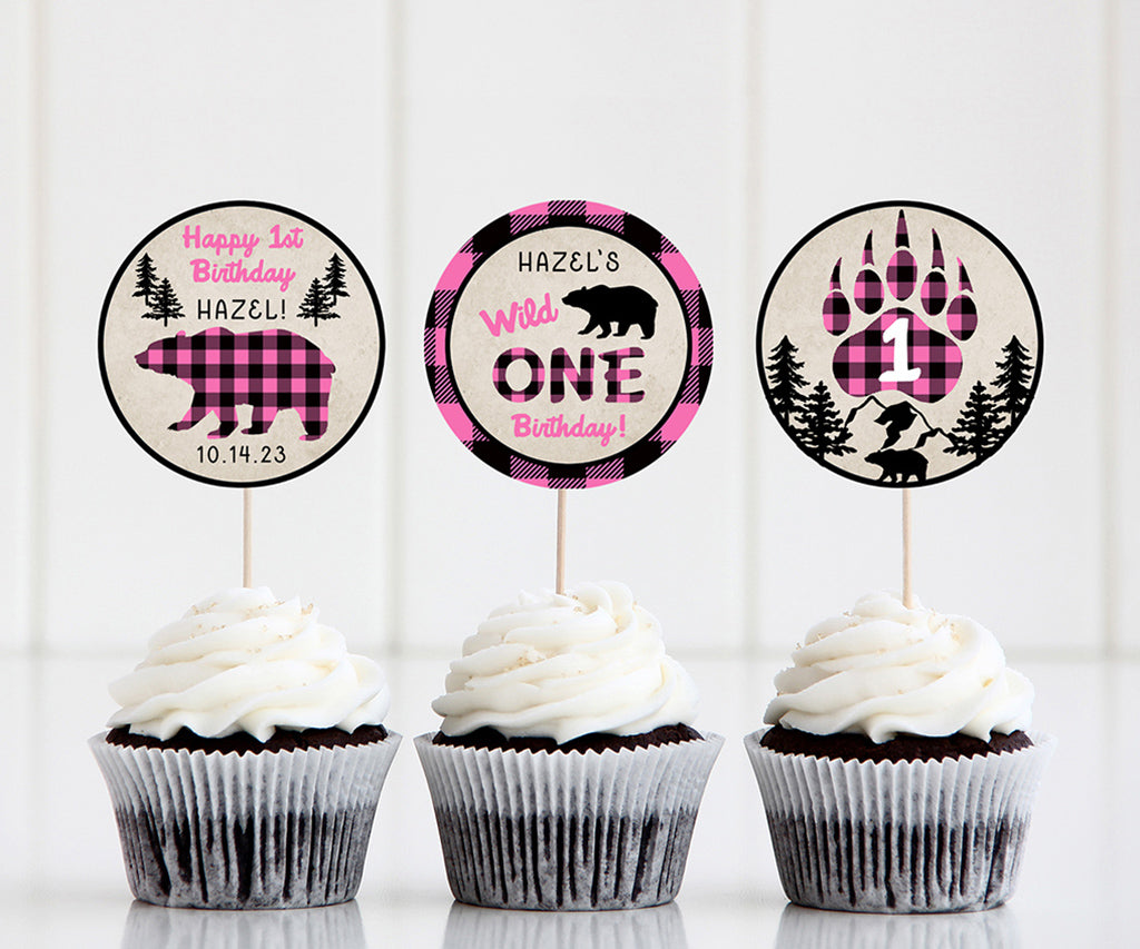 Pink buffalo plaid birthday round cupcake toppers with rustic woodland designs.