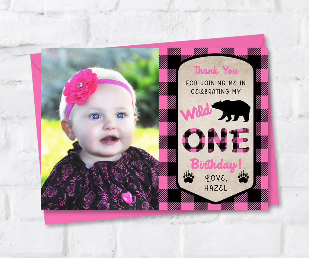 Pink buffalo plaid wild one birthday photo thank you card.