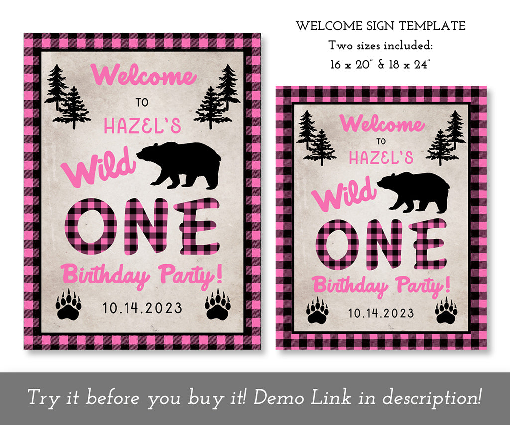 Pink buffalo plaid wild one birthday welcome sign with rustic bear and woodland graphics templates in two sizes.