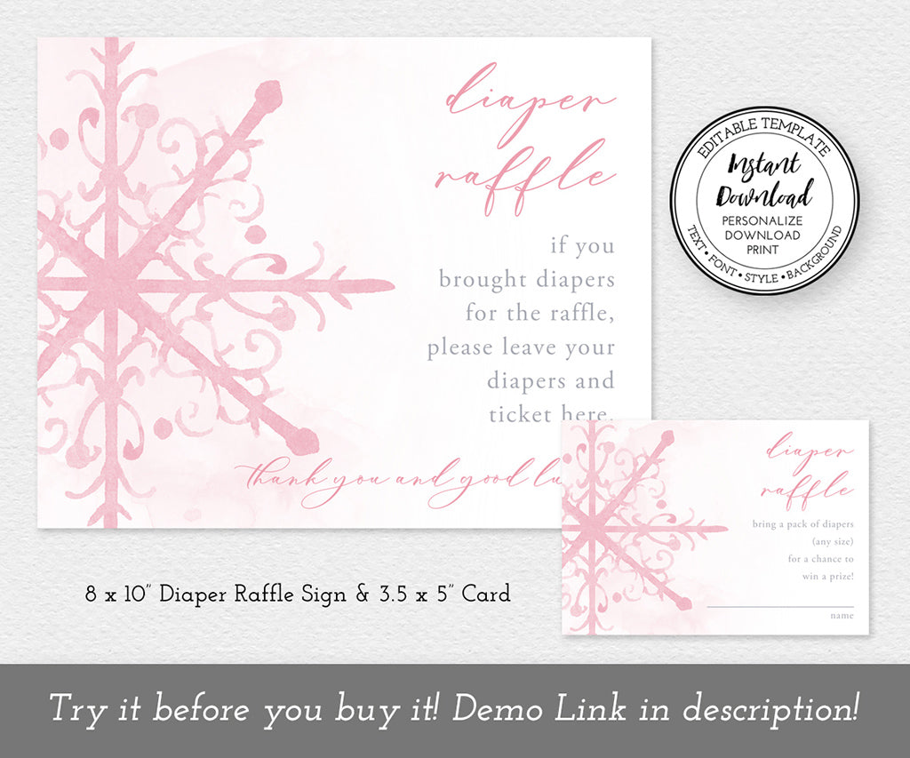 Pink snowflake diaper raffle sign and card templates.