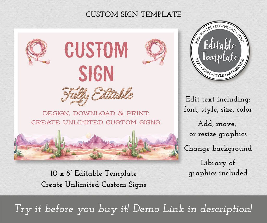 Pink western cowgirl birthday custom sign editable template with desert landscape and lassos.