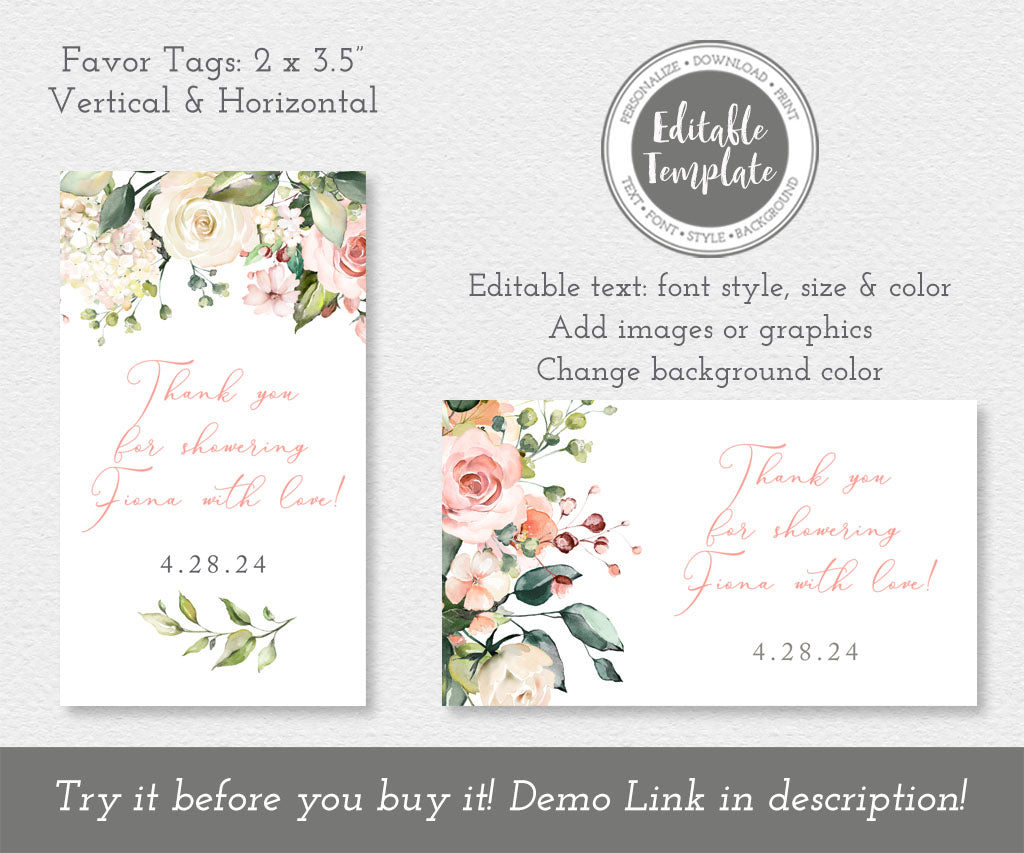 Pink and white floral baby shower favor tag editable templates, portrait and landscape.