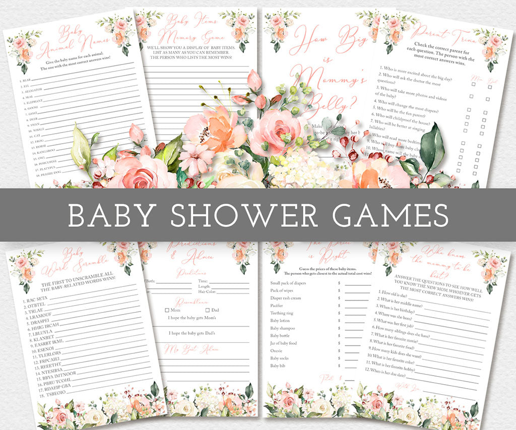 Full-color preview of floral baby shower game bundle featuring pink and peach watercolor flowers with eight fun activities for guests.