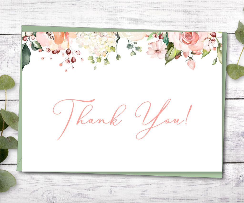 Pink and white floral baby shower folded thank you card for baby in bloom baby shower.