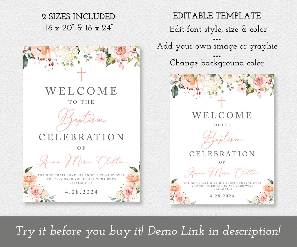 Pink and white floral baptism welcome sign templates, two sizes included: 16 x 20" and 18 x 24".