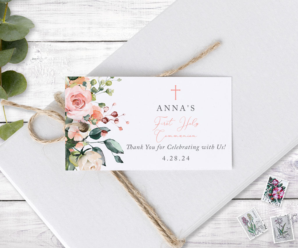 Pink and white floral horizontal first holy communion favor tag.