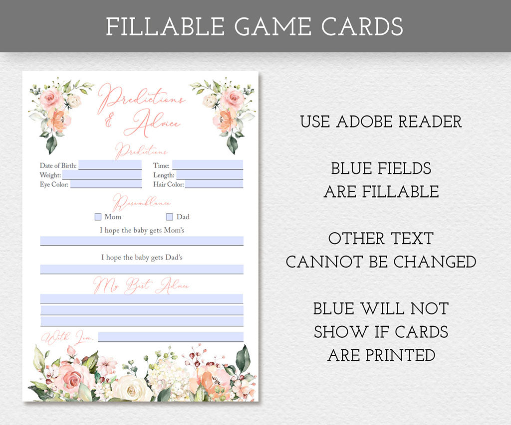 Fillable PDF baby shower game card for Predictions & Advice, highlighting editable blue fields and elegant pink and white floral accents.