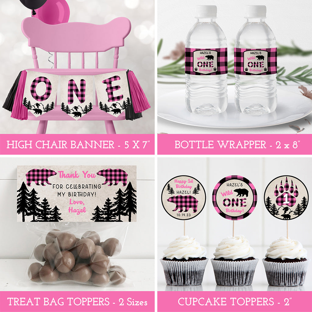 Pink plaid wild one birthday party printables templates including high chair banner, drink bottle labels, cupcake and treat bag toppers.