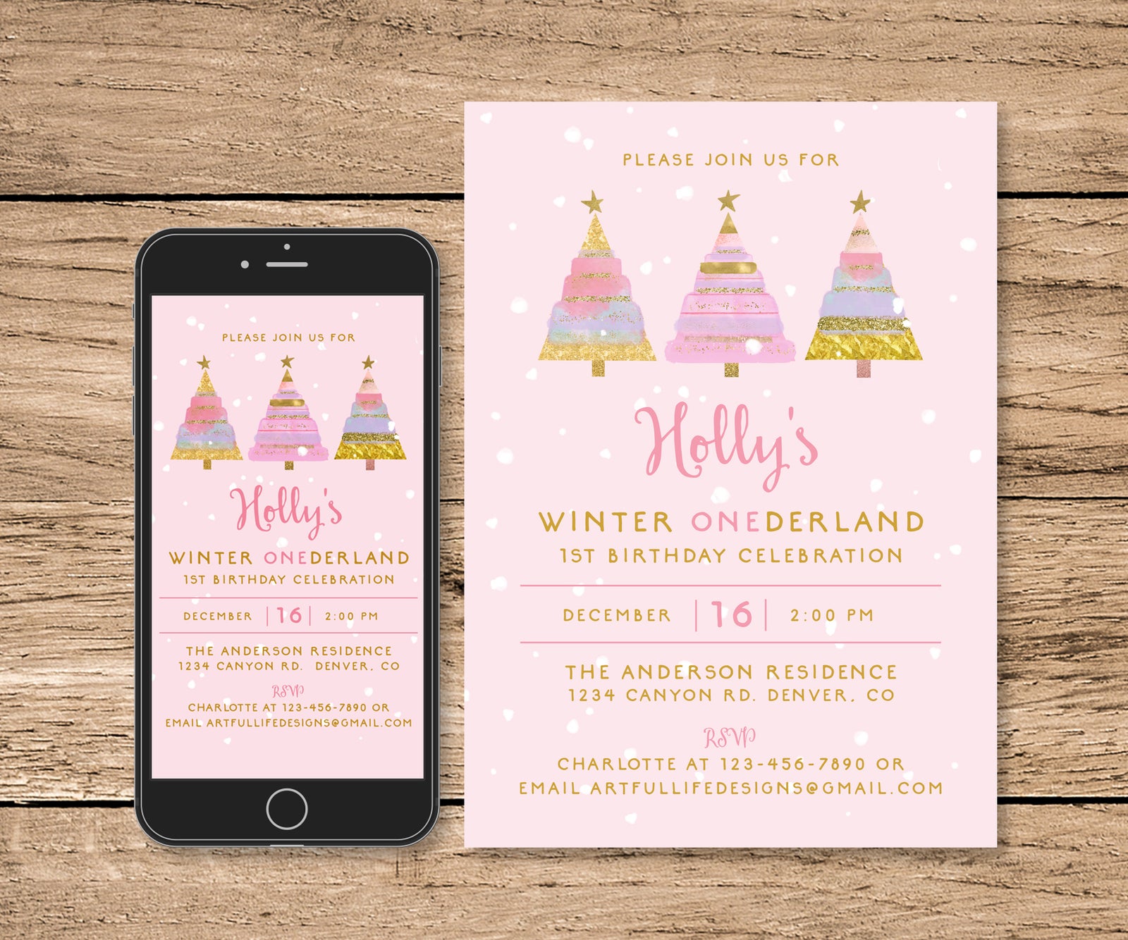 Pink winter onederland first birthday invitation and evite.