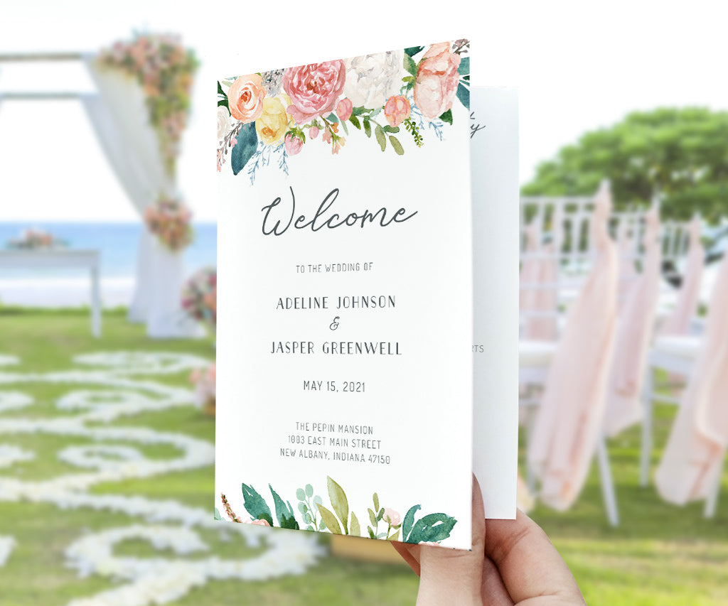 Pink, yellow and white floral 5 x7 folded wedding program.