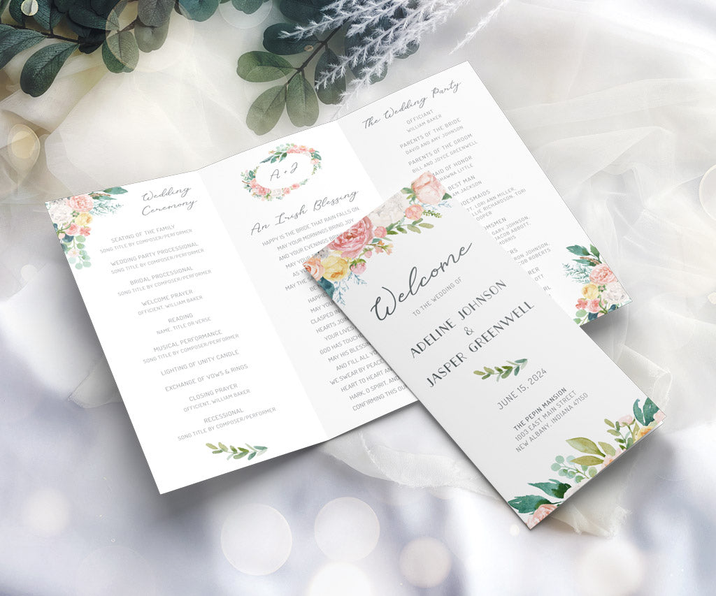 Pink, yellow, white floral trifold wedding program.