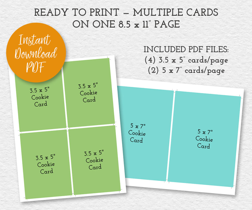 Printable cookie card templates for 3.5x5" and 5x7" card PDF files.