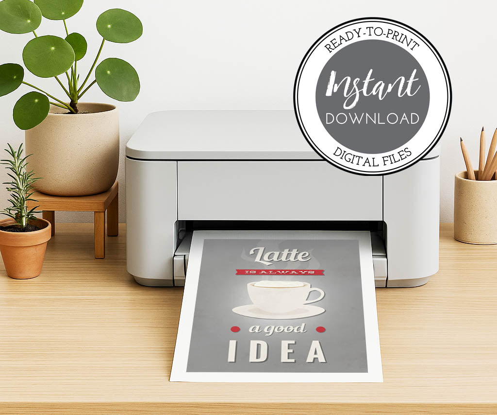 Printer on a desk with a printed sheet featuring 'Latte is always a good idea' text, surrounded by potted plants.