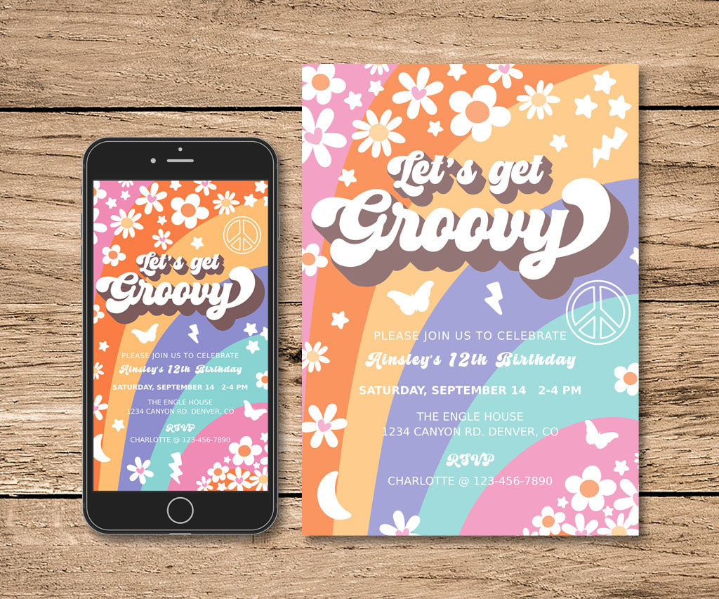 Retro lets get groovy birthday invitation and evite with colorful stripes, flowers and 70's icons.