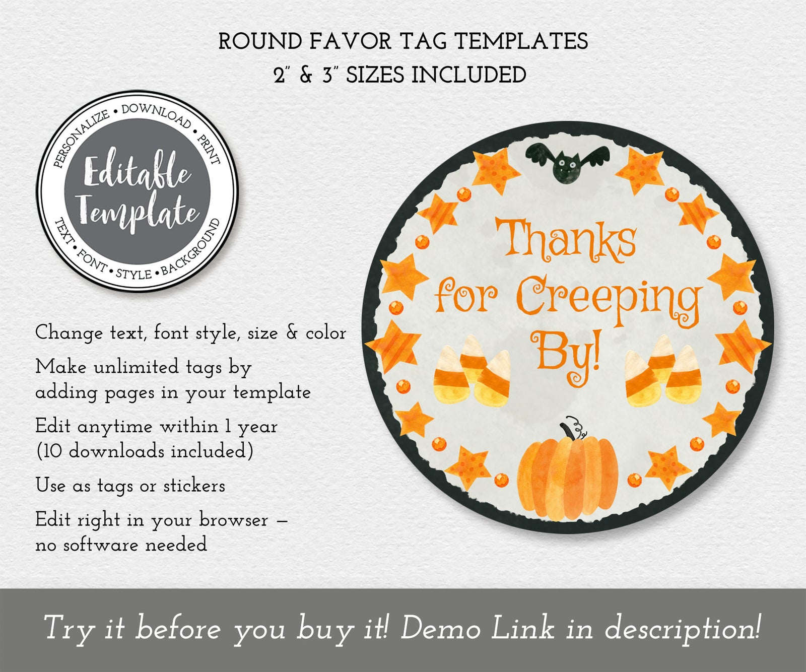 Round Halloween favor tag editable template with candy corn and pumpkin design.