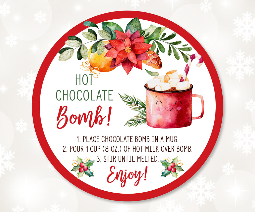 Round poinsettia and holly christmas hot chocolate bomb tag.