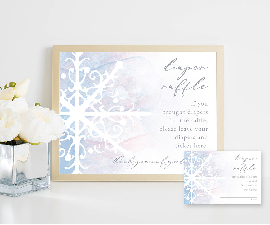 Snowflake baby shower diaper raffle sign and card.