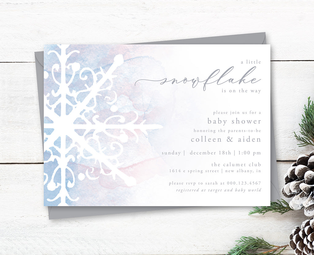 Snowflake winter baby shower gender neutral invitation.