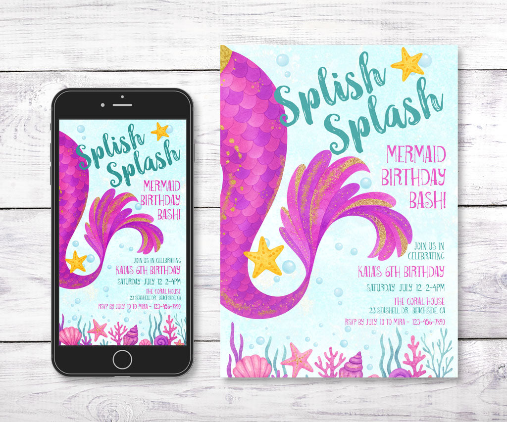 Splish splash mermaid birthday bash 5x7 invitation and 1080x1920px evite.