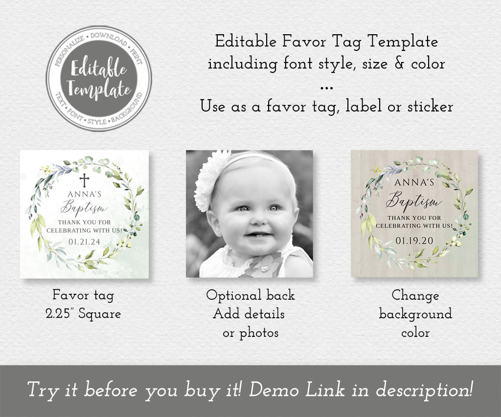 Square greenery baptism favor tag template.