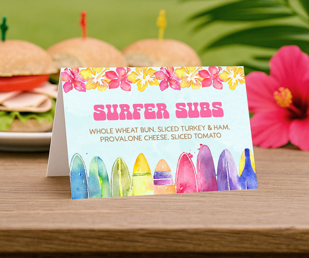Summer Luau party buffet food tent card.