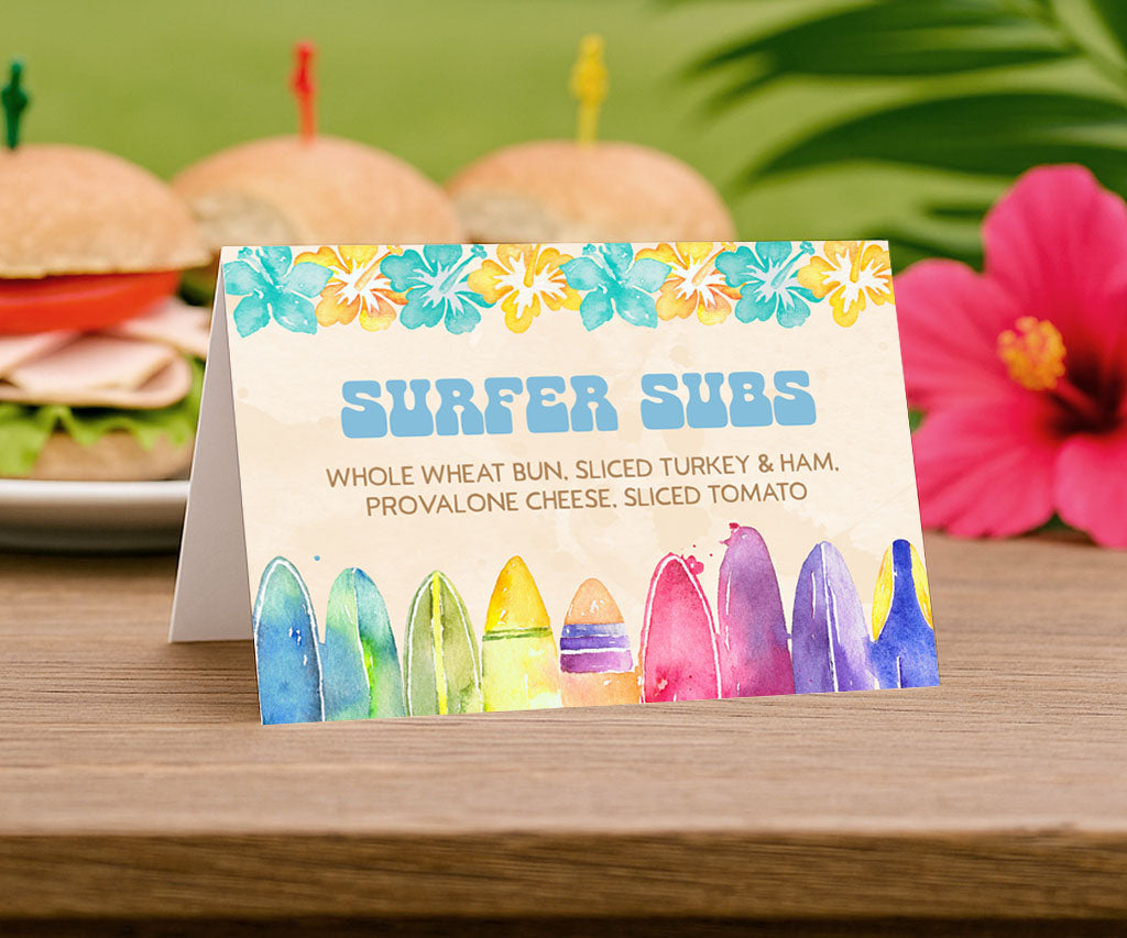 Surfer beach party food table tent card.