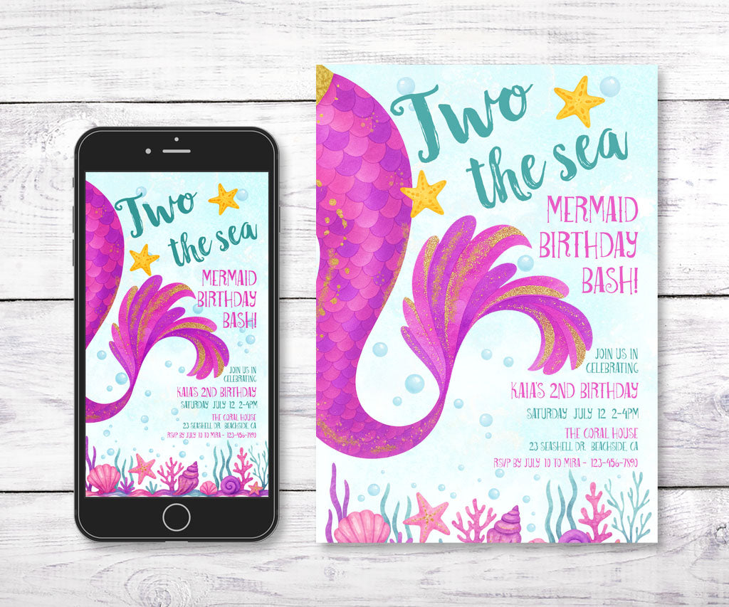 Two the sea mermaid birthday invitation and evite.