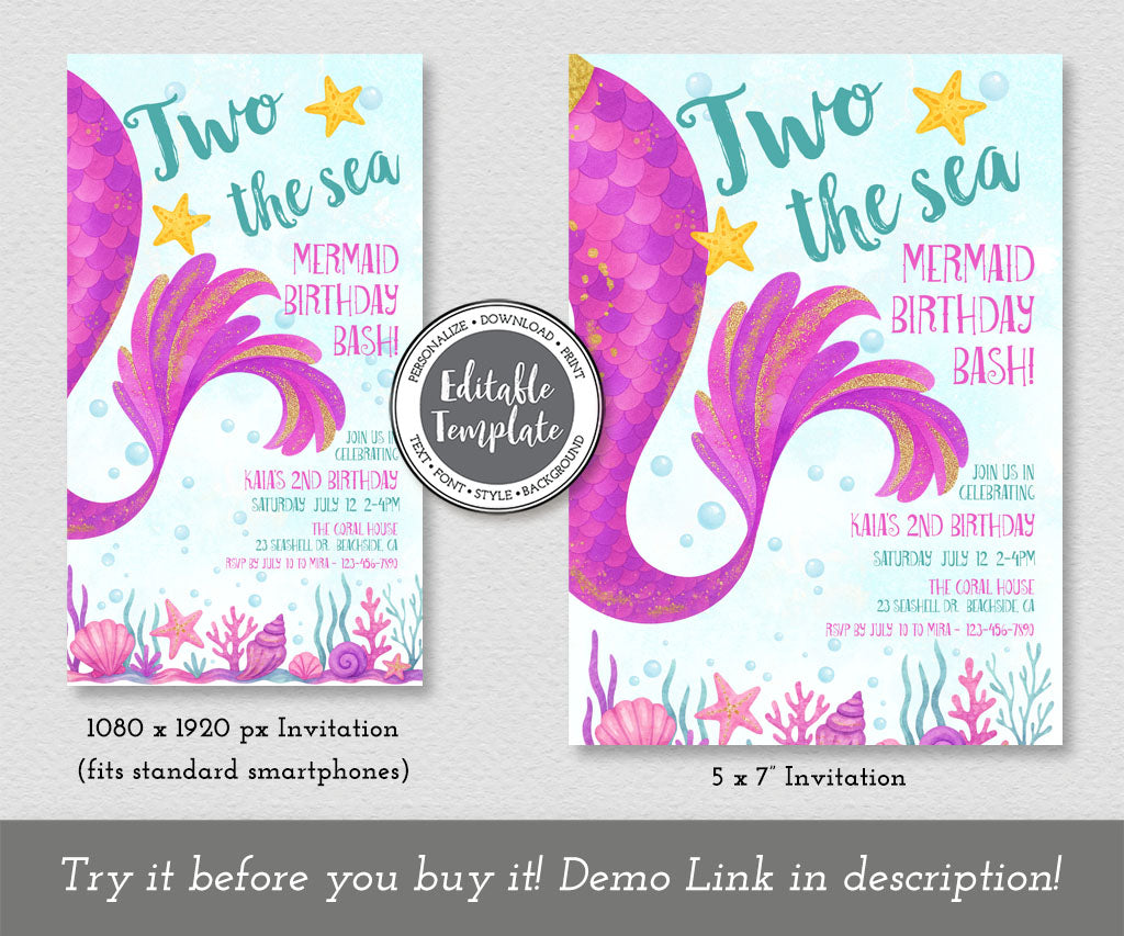 Two the sea mermaid birthday invitation and evite templates.