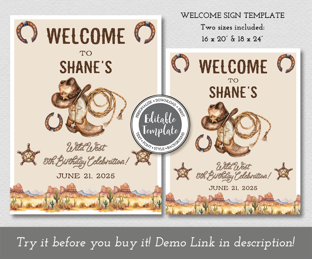 Western cowboy birthday party welcome sign editable templates in 16 x20" and 18 x 24" sizes with vintage style cowboy graphics.