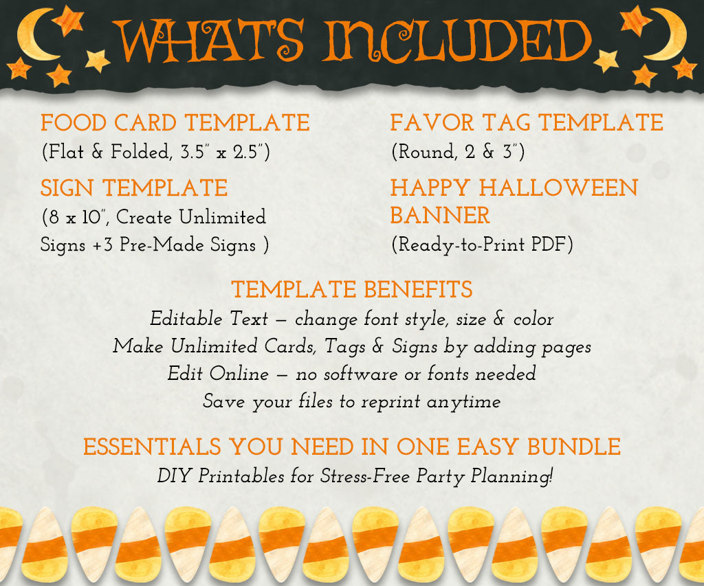What's included: Halloween bundle of food cards, tags, banner & signs.