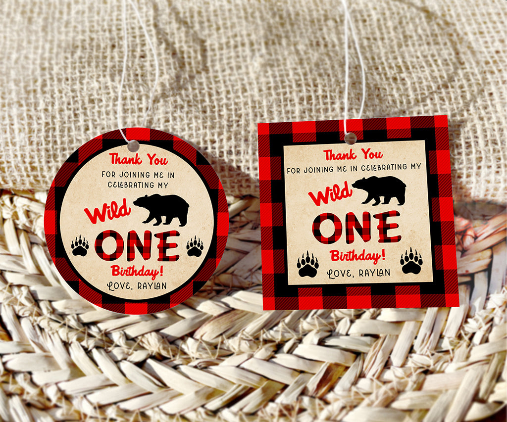 Wild ONE buffalo plaid round and square favor tags.