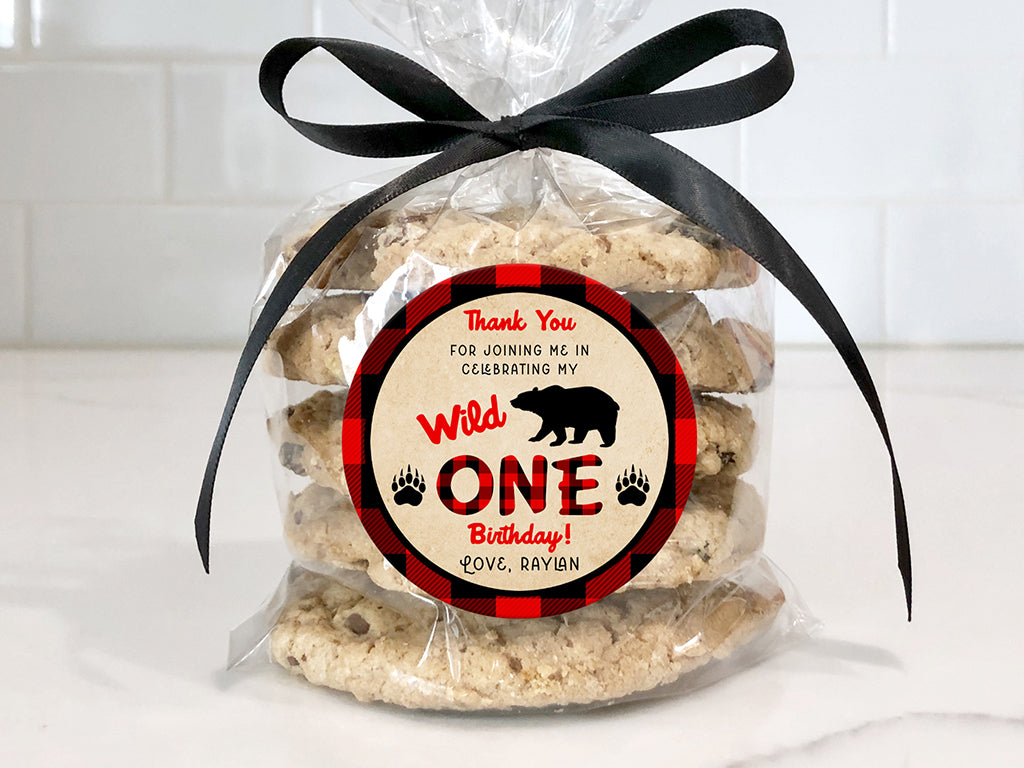 Wild ONE buffalo plaid round birthday favor tag label.