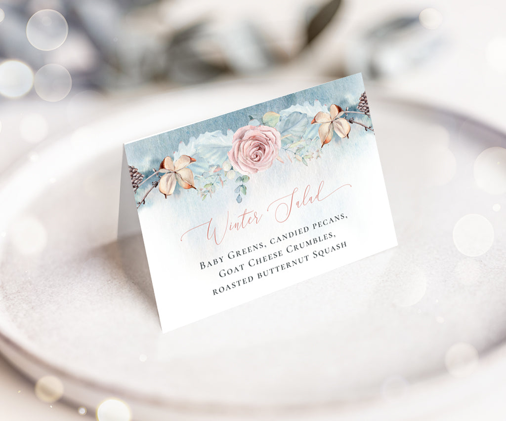Winter wedding, shower or holiday folded buffet food card with flowers and greenery.