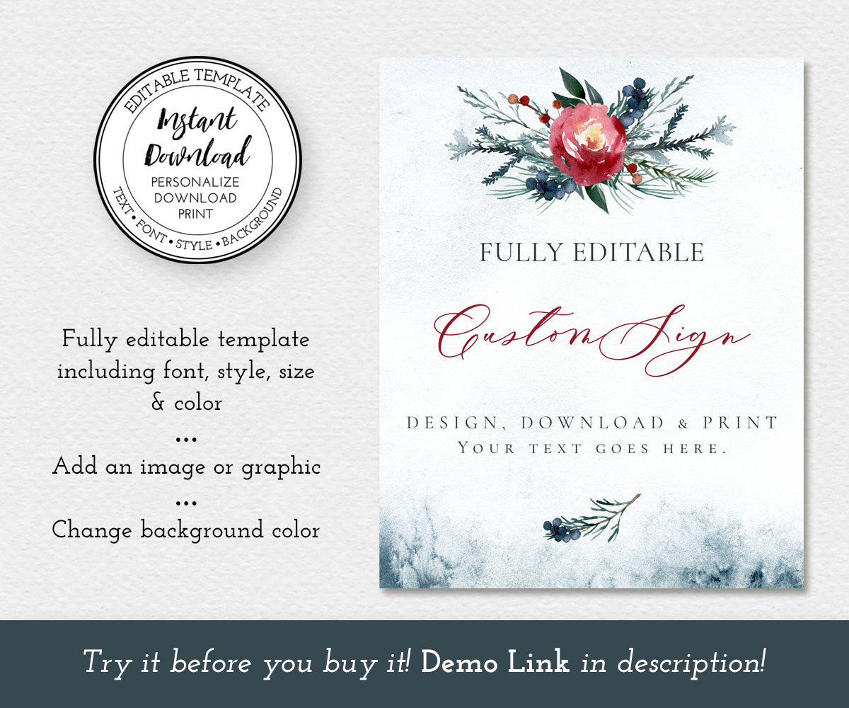 custom sign editable template, 8 x 10 portrait with pine greenery and red flowers for a winter wedding