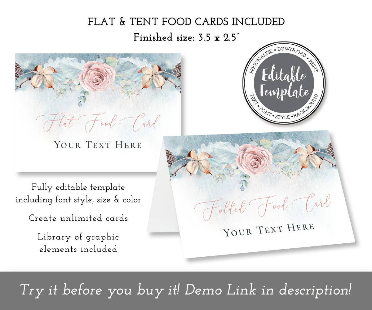 Winter wedding, shower or holiday flat and folded buffet food card template.