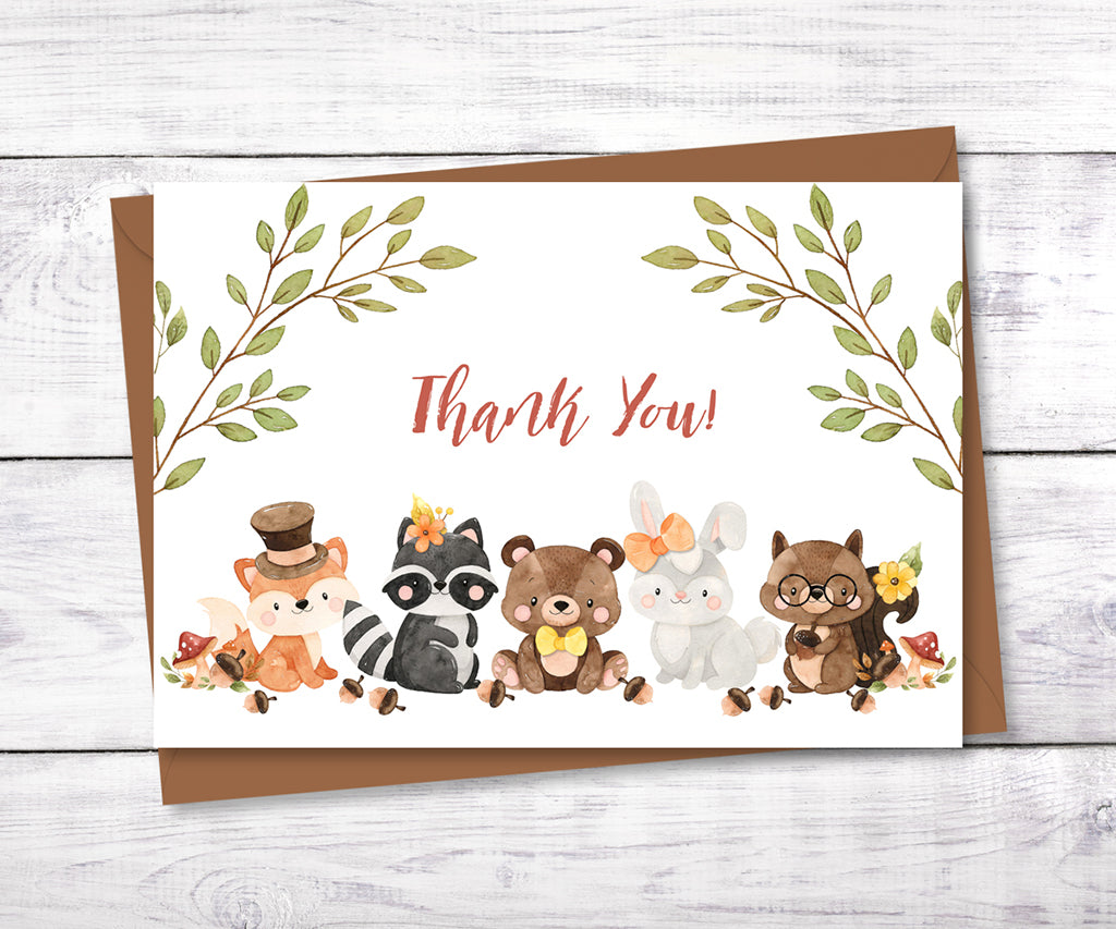 Woodland baby shower thank you card with cute forest animals.