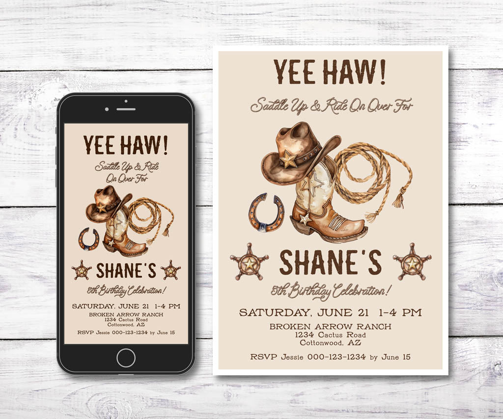 Yee Haw cowboy western style birthday invitation and evite featuring cowboy hat, boots, rope and horseshoe in a retro vintage style.