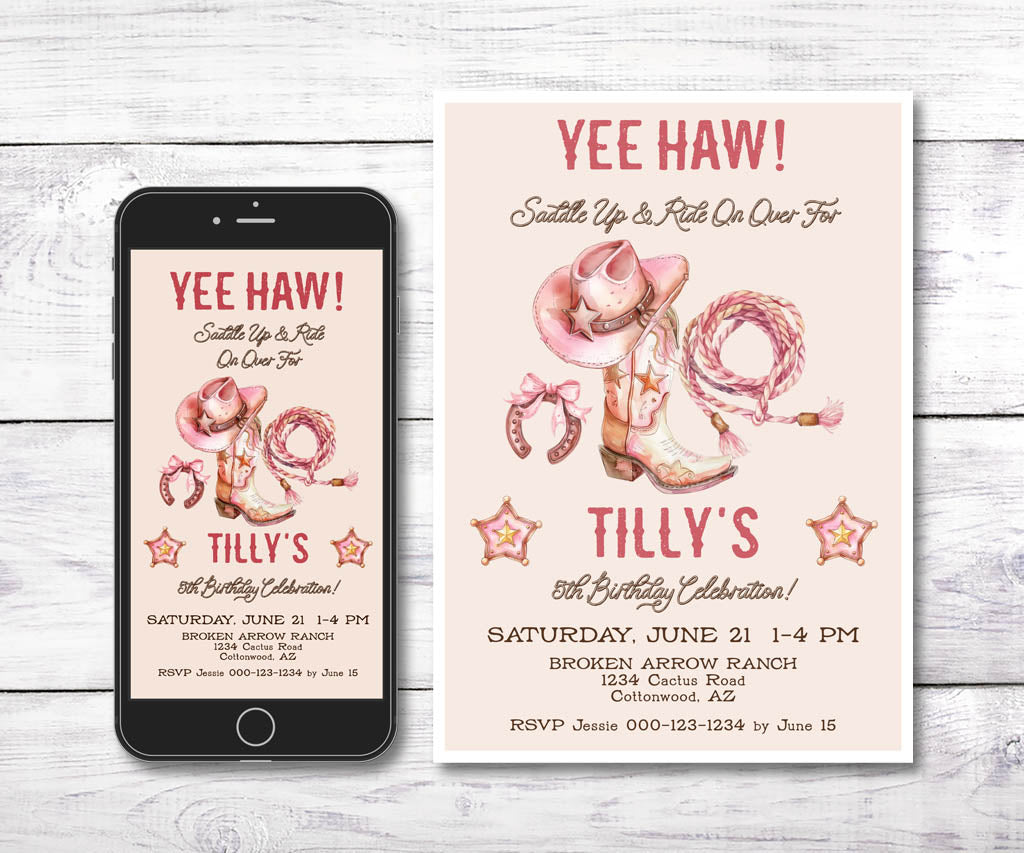 Yee Haw cowgirl birthday invitation and smart phone evite in pink and rose with cowgirl hat, boot, lasso and horseshoe.