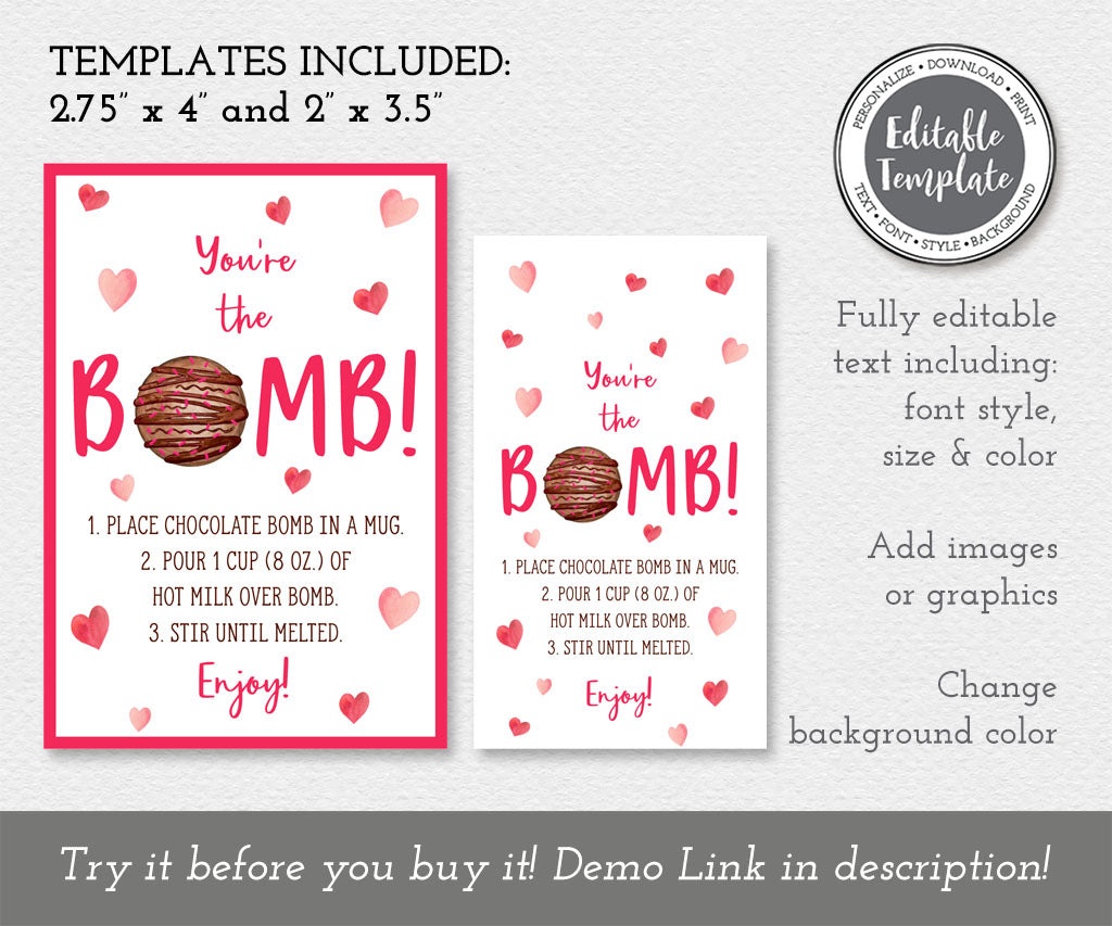 Valentine Youre the bomb, rectangle chocolate bomb instructions gift tag templates with pink hearts.