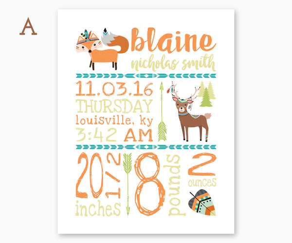 Fox and Deer Tribal Baby Birth Announcement Nursery Wall Art, Orange, Teal, Green