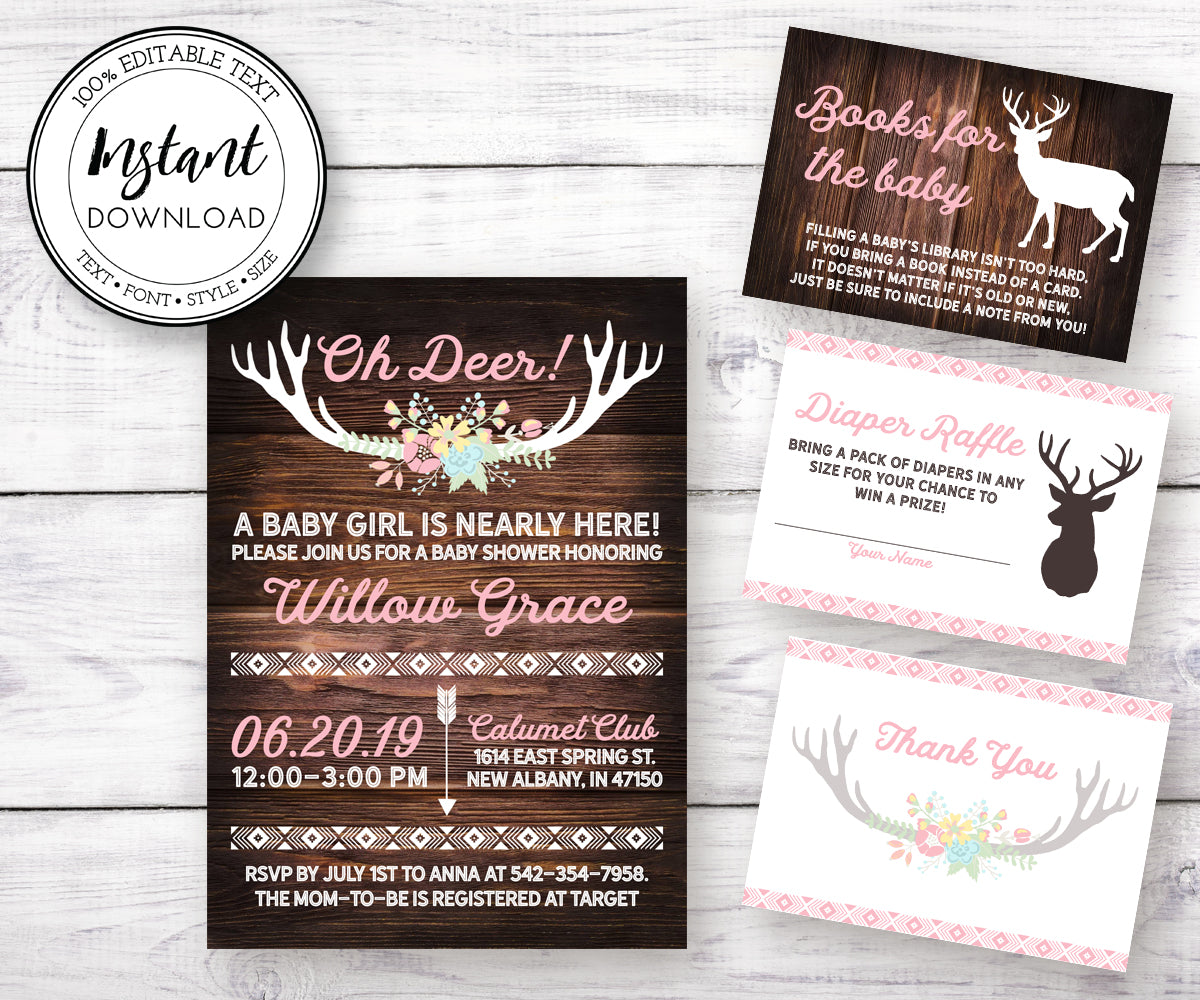 Oh Deer Baby Shower invitation, books for baby, diaper raffle and thank you card templates