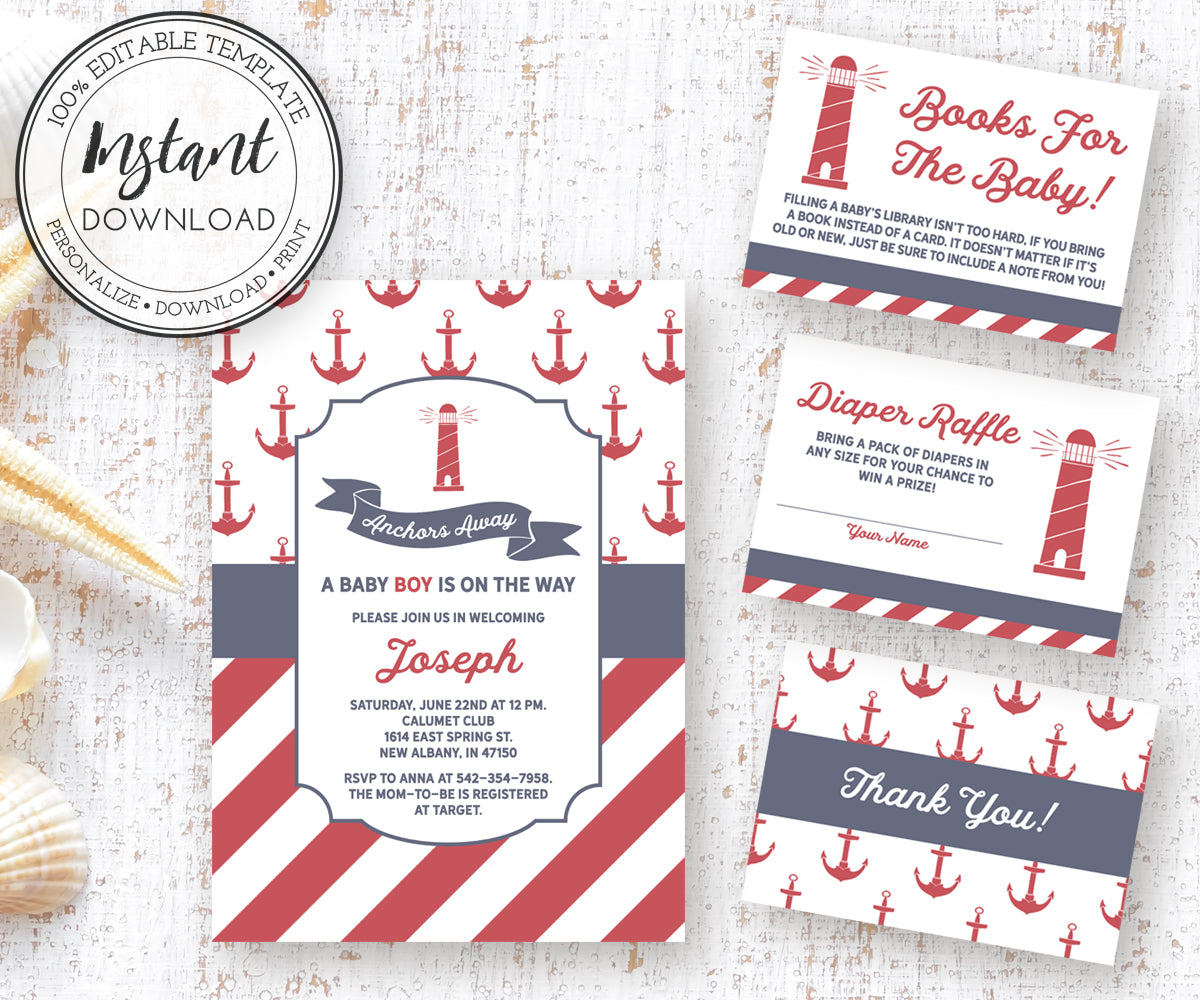 Anchors Away Nautical Baby Invitation, Diaper Raffle, Books for Baby, Thank you Editable Templates