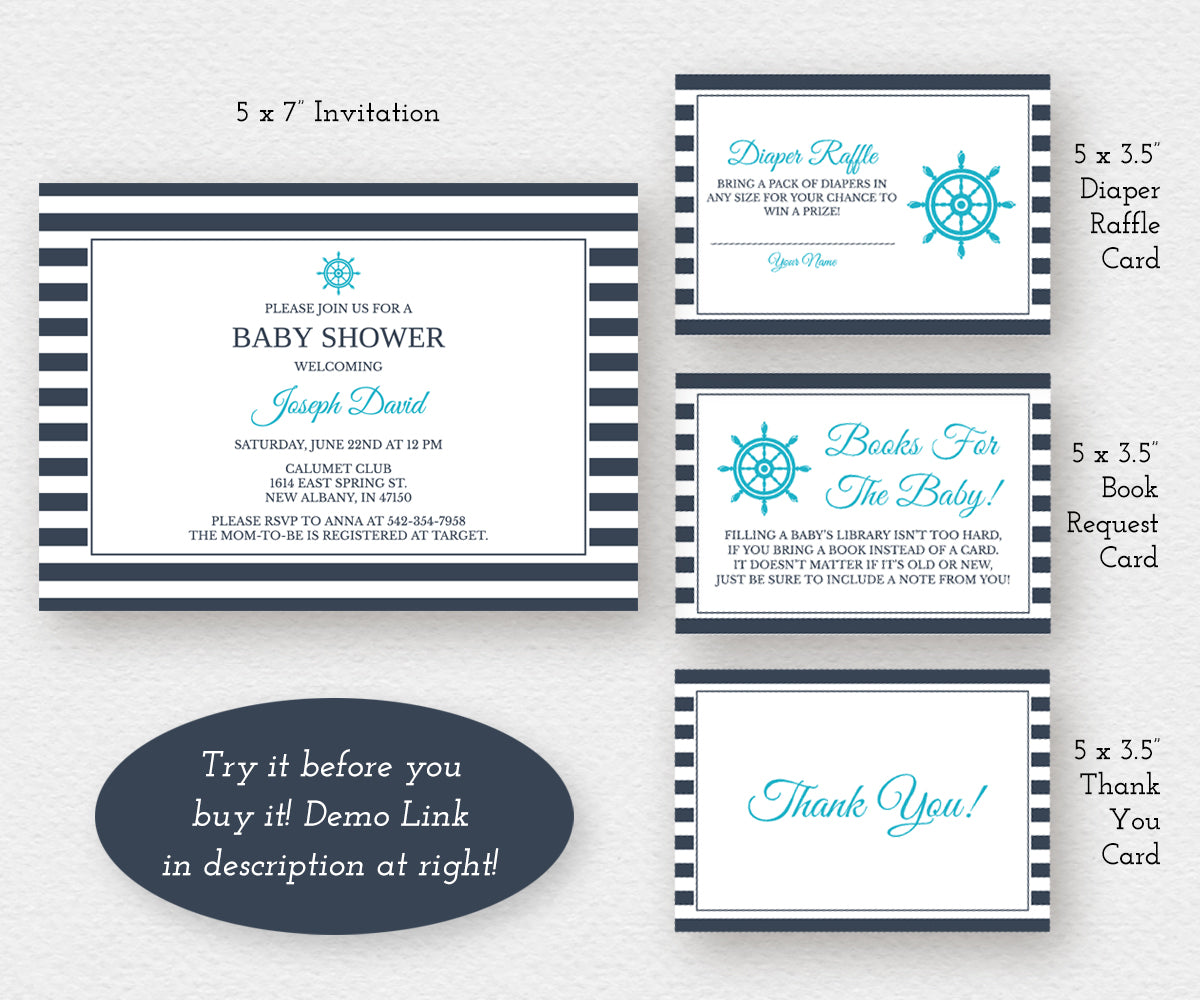 Nautical Baby Shower invitation, diaper raffle, books for baby, thank you card editable templates