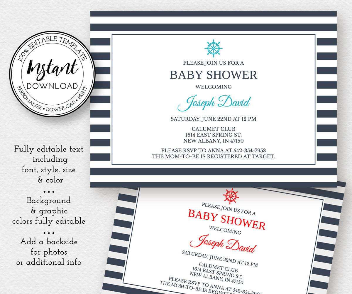 Nautical Baby Shower invitation editable template