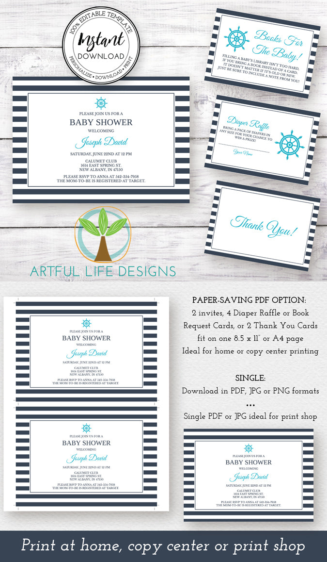 Nautical Baby Shower invitation, diaper raffle, books for baby, thank you card editable templates, Artful Life Designs
