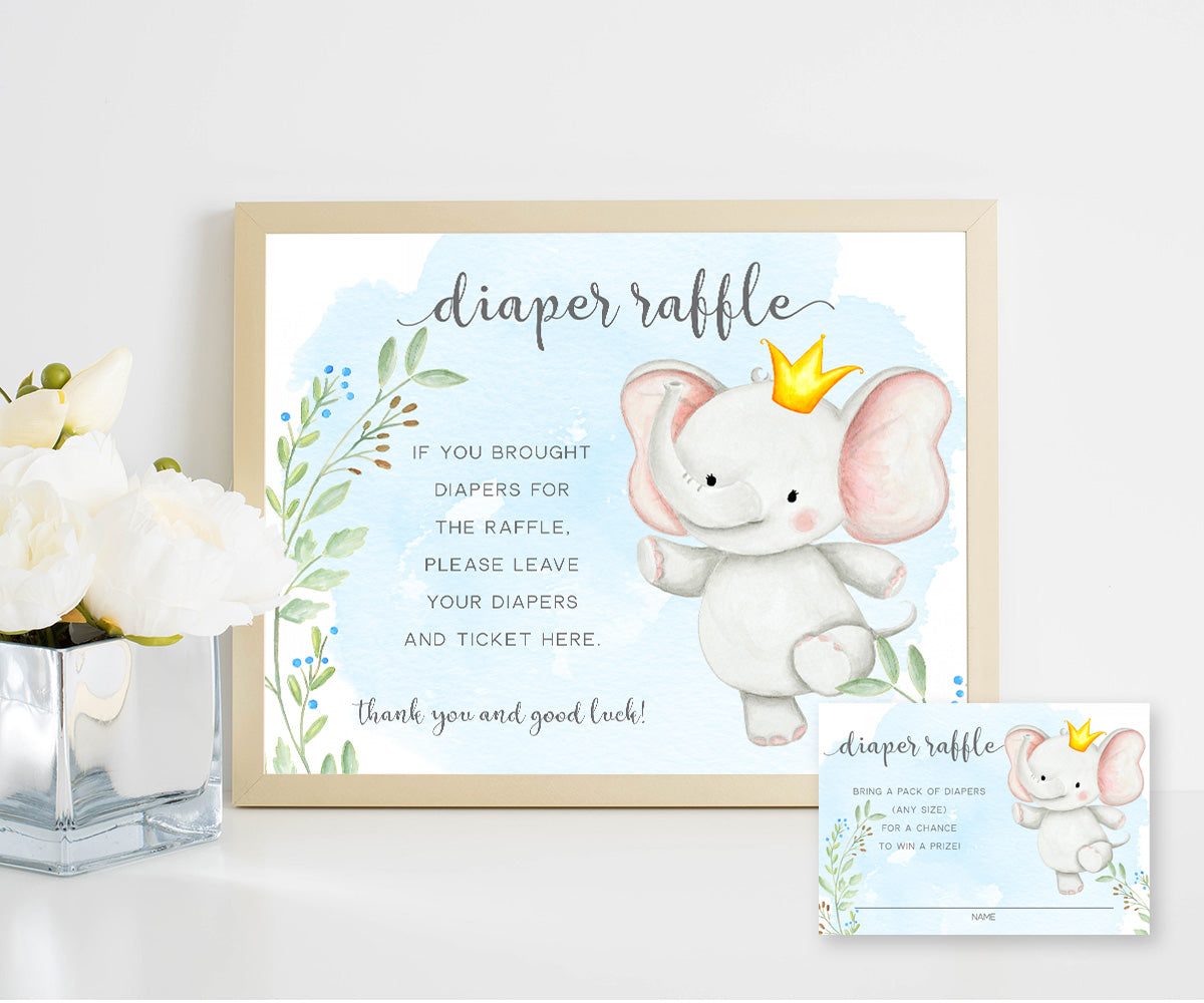 diaper raffle sign and raffle ticket, elephant baby shower game